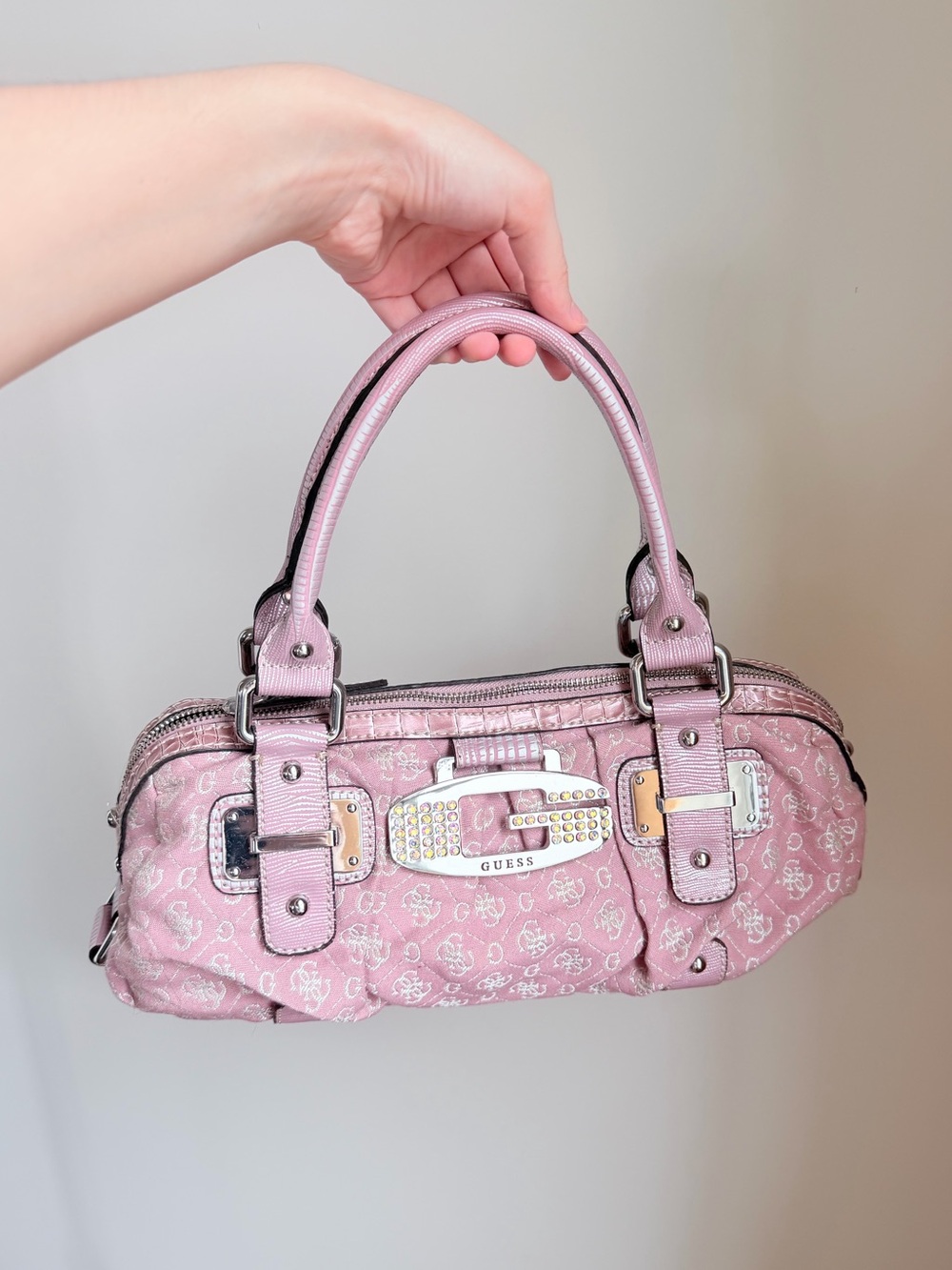Y2K Vintage GUESS Pink Mini Logo Satchel with Crystal Buckle